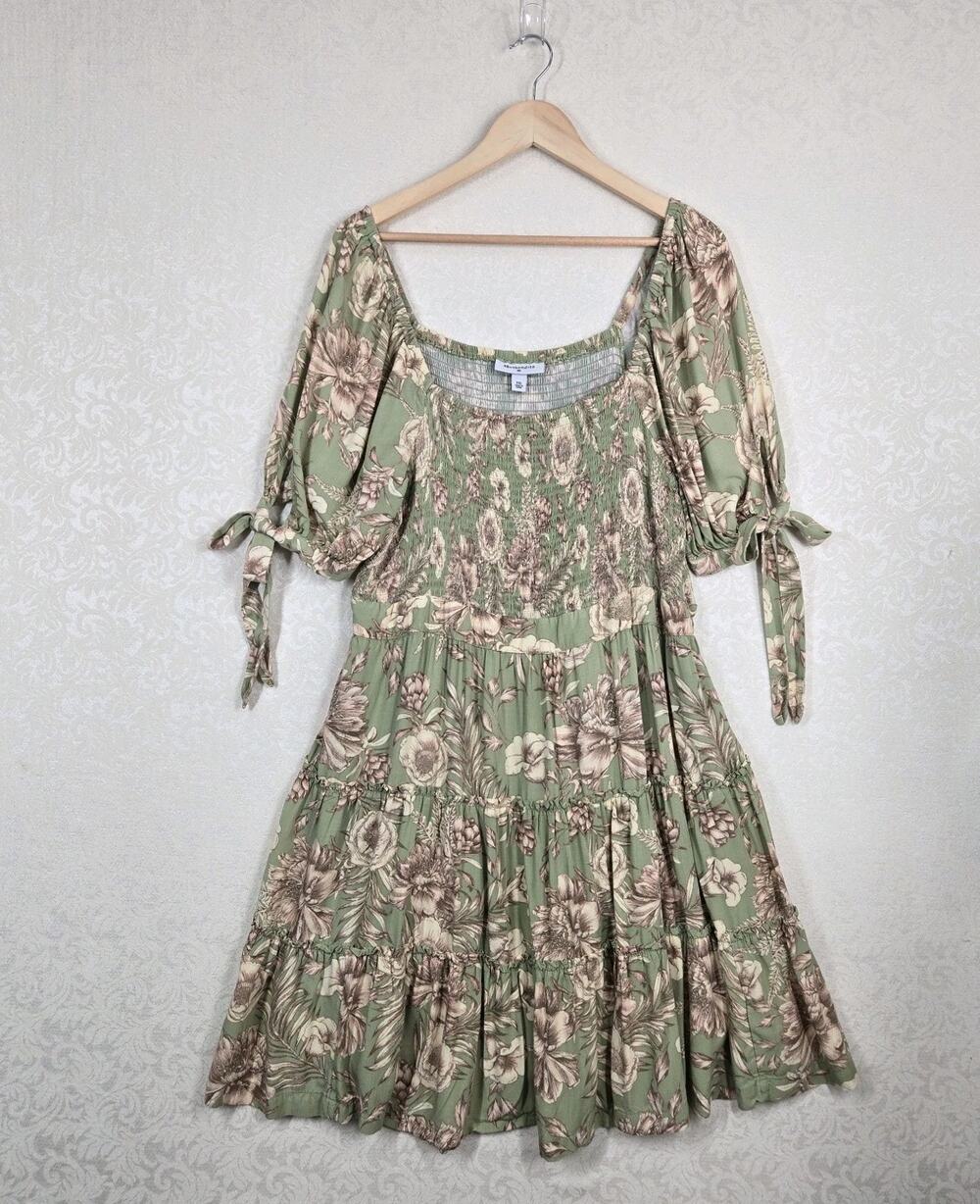 Agua Bendita x Target Dress XXL Green Floral Puff Sleeve Smocked Romantic Boho